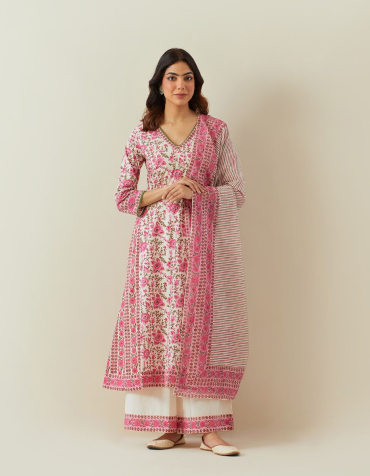 Off-White Pink Hand Block Printed Cotton V-Neck Kurta & Palazzo-Set of 2