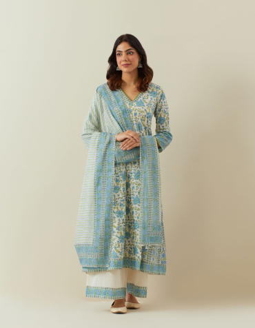 Off-White Blue Hand Block Printed Cotton V-Neck Kurta & Palazzo-Set of 2